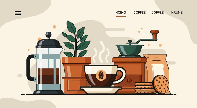 Coffee Morning: French Press, Grinder, Cup, Cookies & Plant - Flat Illustration