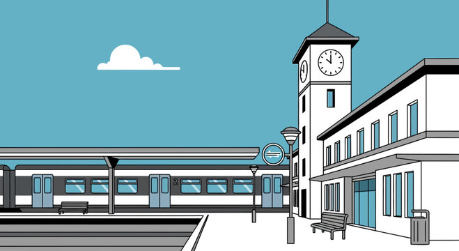 Modern Train Station with Clock Tower and Passenger Train