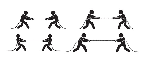 People playing tug of war game with rope icon set. © CreatetiveDesignX
