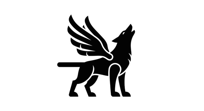 Black winged wolf howling silhouette logo icon design.