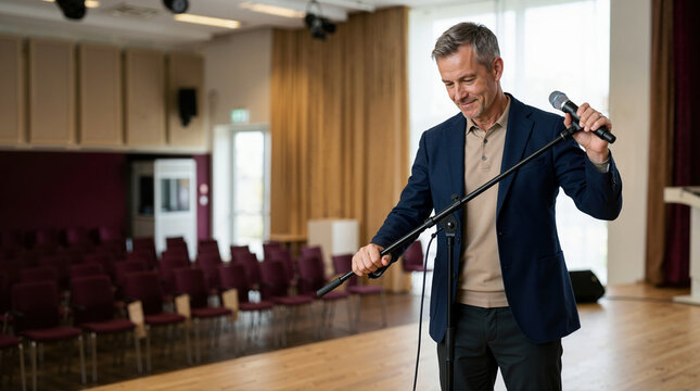 Middle aged man adjusting microphone stand on stage. Professional male speaker preparing for a presentation in an empty auditorium. Public speaking and event preparation