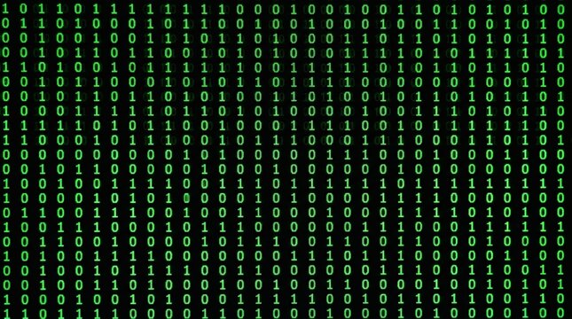 A digital cascade of green binary code streams down a dark background, representing data and technology.