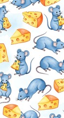 Fototapeta premium Cute Blue Mice Eating Cheese in Whimsical Watercolor Pattern