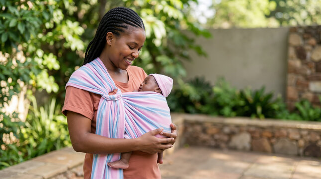 Mother holding a sleeping newborn baby in a striped wrap. African American woman carrying infant in a baby carrier outdoors. Motherhood and bonding concept