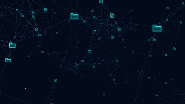 Digital network connection with glowing file and folder icons on dark background