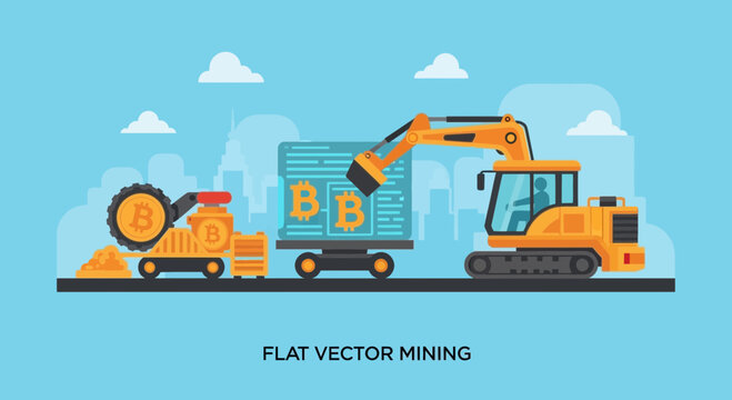 Cryptocurrency Mining Concept: Bitcoin Excavator and Loader Extracting Digital Coins