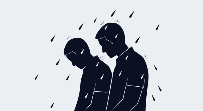 Two men silhouettes in rain, feeling sad and lonely, dark mood, emotional distress