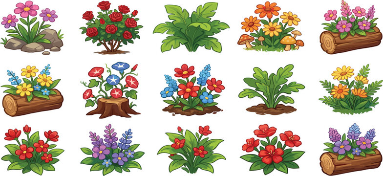 Garden Flower Clipart Set featuring Rose Bush Logs Stump and Colorful Botanical Blossoms for Vector Graphic Designs