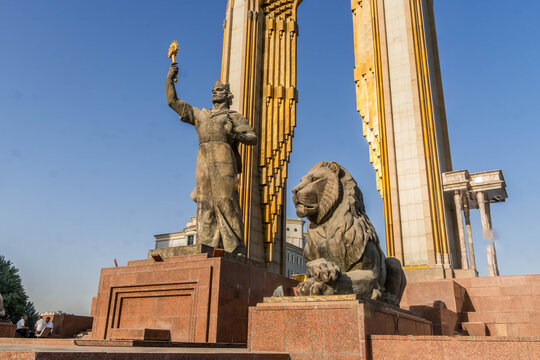 Monument of Ismoili Somoni in Dushanbe, Tajikistan, with national symbols of leadership, history, and pride for tourism.
