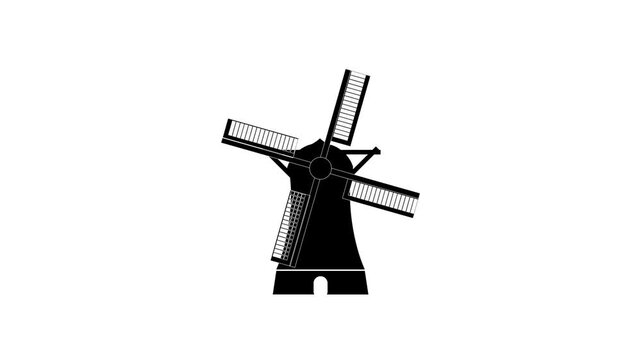 Classic Dutch Windmill Silhouette Animated Loop on White Background