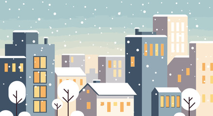 Cozy winter cityscape illustration with falling snow and illuminated buildings. © Rizal
