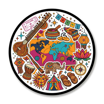Retro Psychedelic World Music Festival Circular Badge Collage on White Background