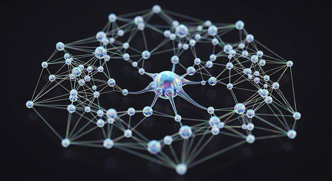 Abstract digital neural network with a central hub node connected to a complex web of glowing spheres
