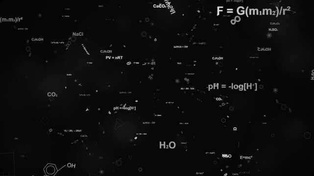Scientific formulas and chemical compounds floating in dark space background