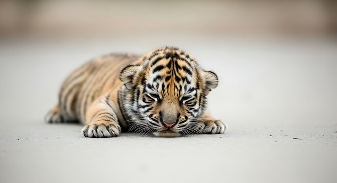 Young Tiger Cub Lying Low on Smooth Ground in Soft Focus Outdoor Setting