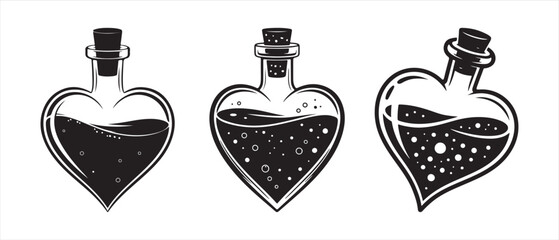 Three heart shaped glass bottles with magic potion liquid inside in a vintage black and white drawing style. © CreatetiveDesignX
