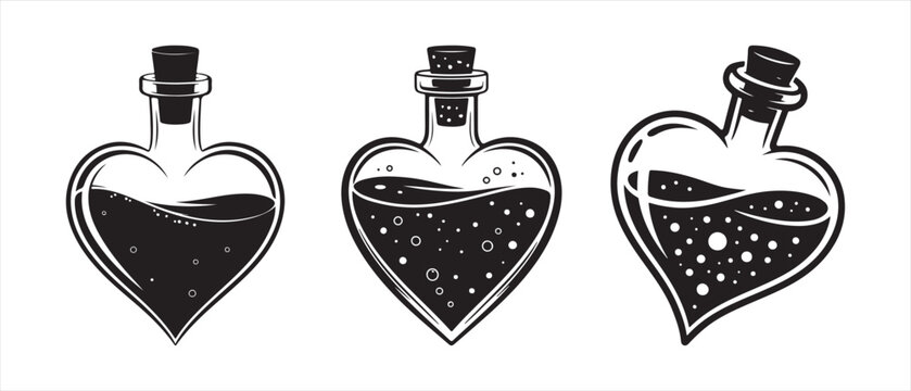 Three heart shaped glass bottles with magic potion liquid inside in a vintage black and white drawing style.