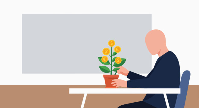 Person tending to a money tree with euro and dollar coins, concept for financial growth, investment planning and wealth accumulation strategies.