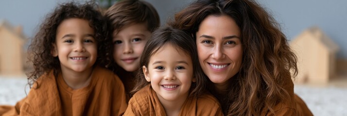 Fototapeta premium Mother and children smiling together on living room rug