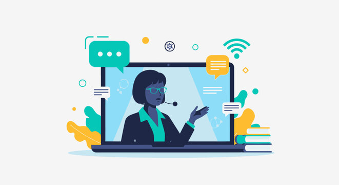 Professional woman with headset giving a virtual presentation on laptop screen.