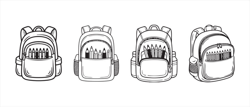 Set of four school backpacks with stationery supplies inside for students.