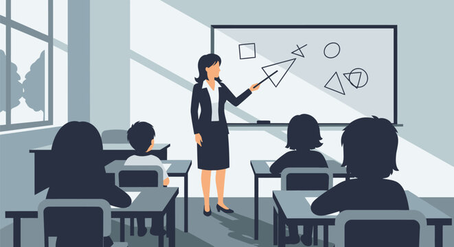 Teacher standing in front of classroom teaching students geometric shapes on whiteboard.