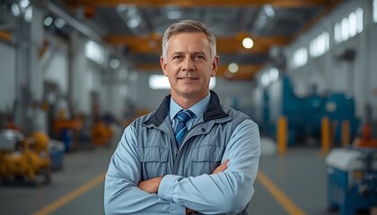 Fototapeta premium Professional middleaged factory manager standing with arms crossed in a modern industrial manufacturing facility, confident and experienced leader