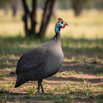 Colorful Helmeted Guineafowl Standing on Grass in Sunlit Woodland