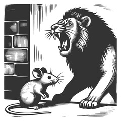 Obraz premium roaring lion facing a small mouse, symbolizing courage, fear, power, and contrast sketch engraving generative ai fictional character raster illustration. Scratch board imitation. Black and white image