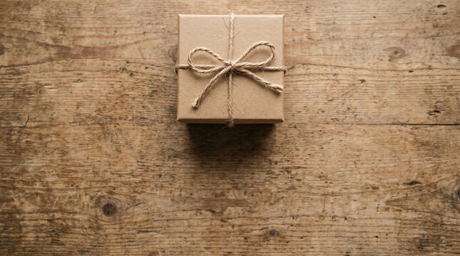 Gift box wrapped in kraft paper with twine bow on wooden background