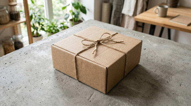 Brown cardboard gift box tied with twine bow on concrete table