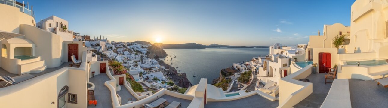 Oia caldera panorama at sunrise, Oia, Greece
