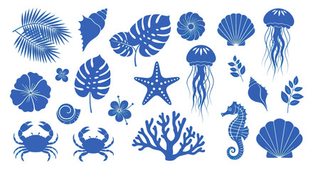 Collection of Blue Marine Life and Tropical Plant Silhouettes. © DOG2