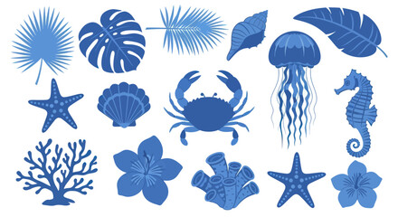 Collection of Blue Marine Life and Tropical Plants. © DOG2