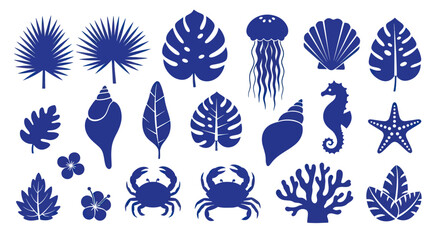 Collection of Blue Tropical Leaves and Marine Life Silhouettes. © DOG2