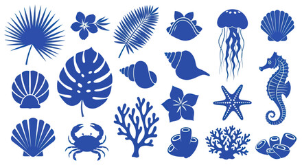 Collection of blue tropical leaves, seashells, and sea creatures. © DOG2