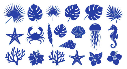 Collection of Blue Tropical Marine Life and Plant Silhouettes. © DOG2