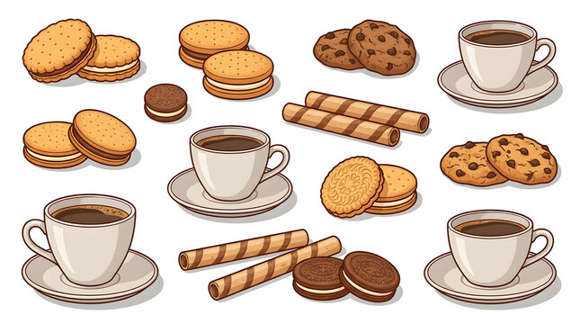 Cafe menu decorative elements set. Group of coffee cups and delicious sweet snacks, biscuits, and chocolate chip cookies in vector style for advertising design.