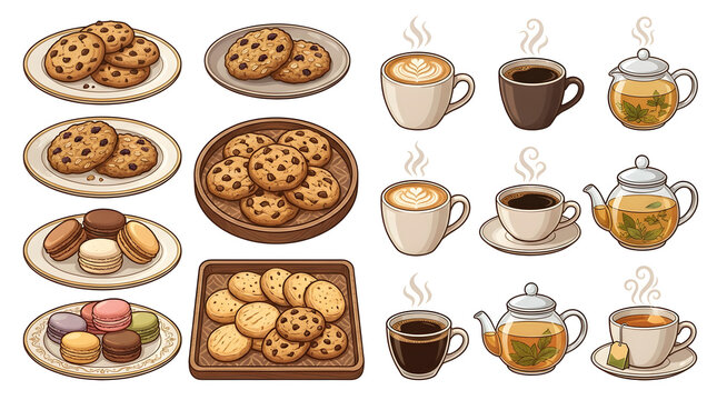 Breakfast and afternoon tea snack vector graphics kit featuring lattes, espresso cups, glass teapots, chocolate cookies, and French macarons