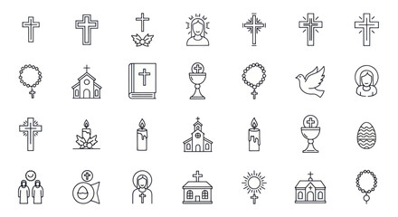 Fototapeta premium Collection of Christian religious symbols and icons in a minimalist line art style.
