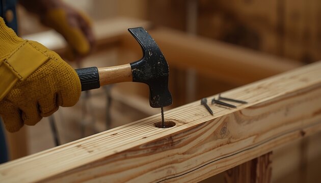 Closeup of a construction worker wearing yellow work gloves using a hammer to drive a nail into a wooden beam on a building site