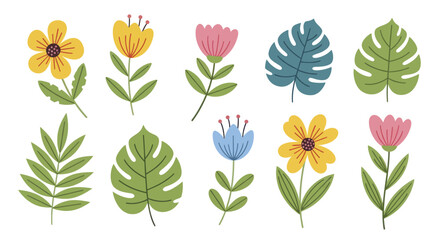 Obraz premium Collection of colorful stylized flowers and leaves for design.