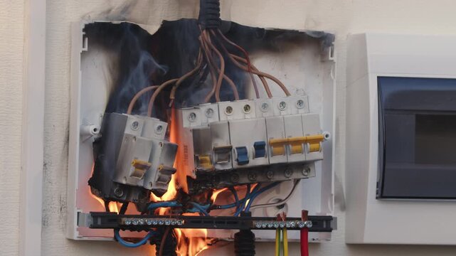 Circuit breakers melt and fall off in fire in electrical panel box on wall in home