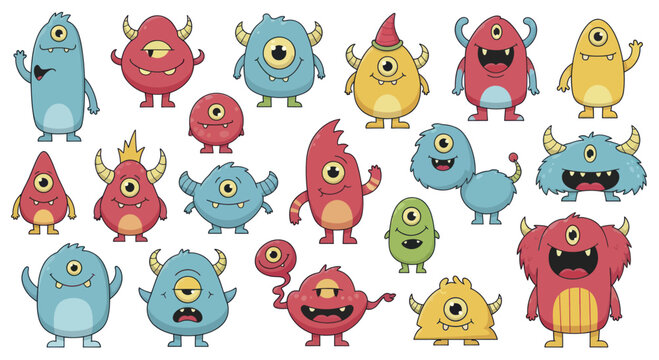 Collection of Cute Cartoon Monsters with One Eye.