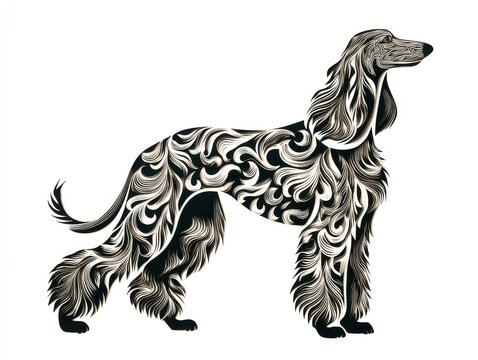 Intricate Black and White Persian Greyhound Silhouette Against a Clean White Background