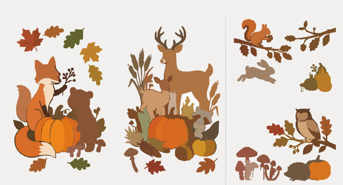 Autumnal Poster Banner with Funny Woodland Animals Vector Illustration