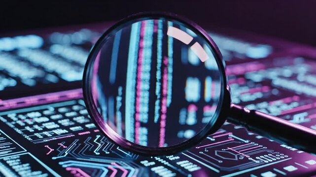Magnifying glass inspecting digital computer code and circuit patterns on a glowing screen