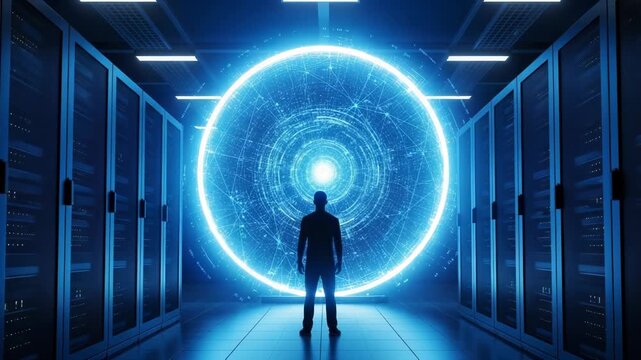 Man standing in front of a glowing blue portal in a server room