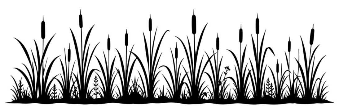 Cattail reed grass border with swamp plant silhouette