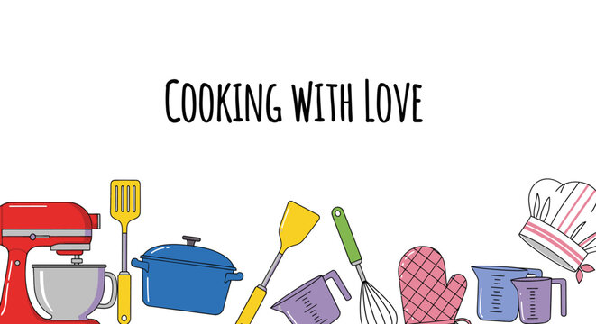 Colorful kitchen utensils and tools with cooking with love text